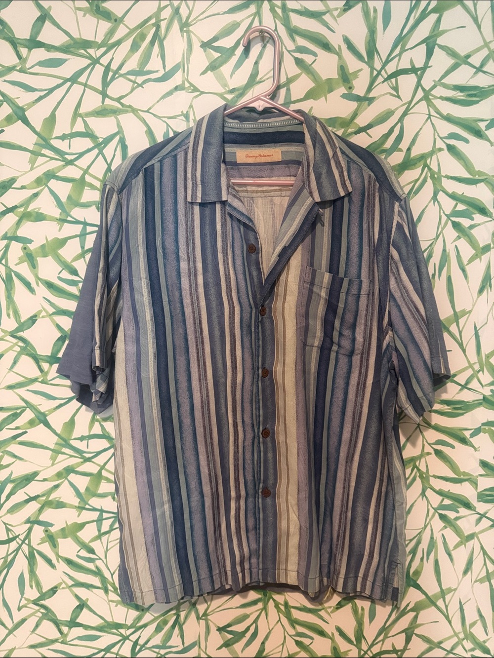 Tommy Bahama Blue and Cream Vertical Stripe Camp Shirt